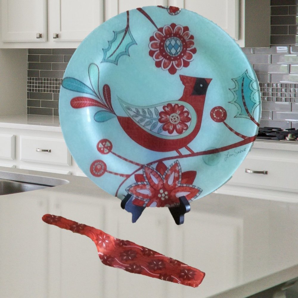 Cardinal Holiday Charger Plate With Serving Utensil 12" Lori Siebert Design